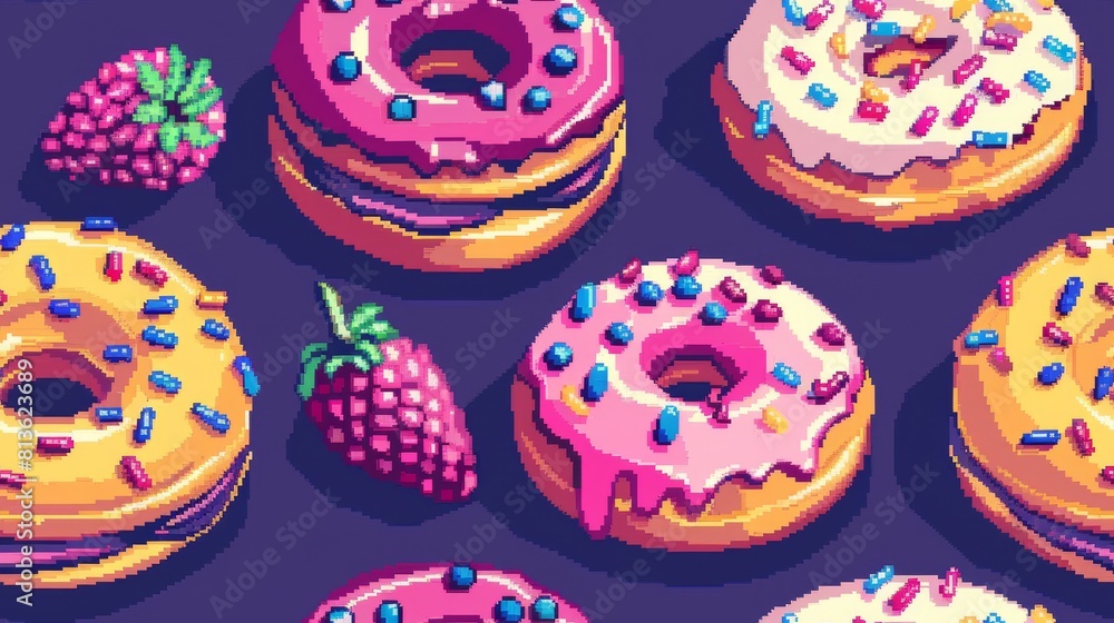 Pixel art seamless pattern of donuts, cakes, and cupcakes. Pixel art seamless pattern of donuts, cakes, and cupcakes.