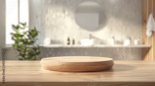 Wooden podium for bathing and spa products in defocused bathroom, Round wooden podium for product display on blurred bathroom background, generative ai