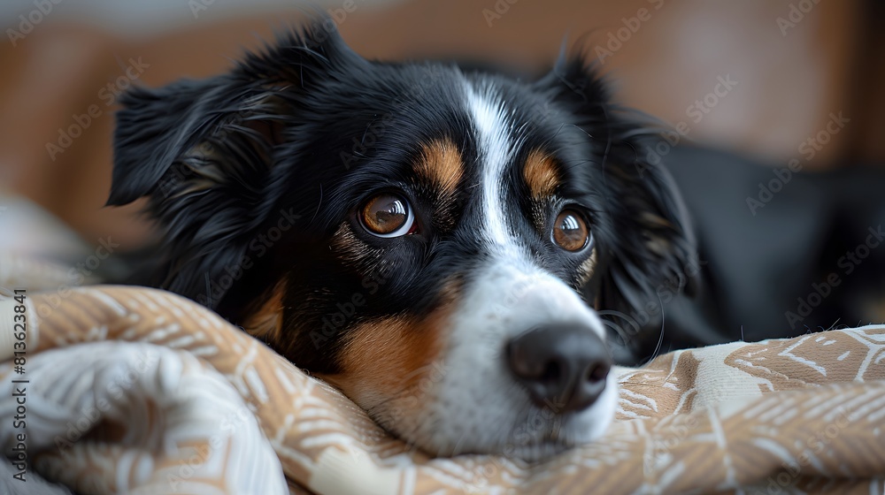 Dog lying on a sofa waiting for his owners with a sad face. Concept: animals, best friend Dog lying on a sofa waiting for his owners with a sad face. Concept: animals, best friend