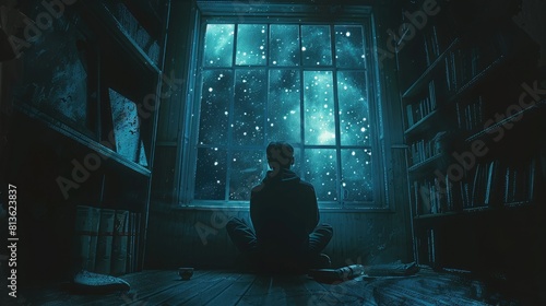 The boy sits by the window, looking out at the world. He is lost in thought, wondering what the future holds. He is a dreamer, always looking for new adventures.