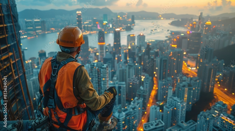 A construction worker sitting on a beam high above the city A construction worker sitting on a beam high above the city