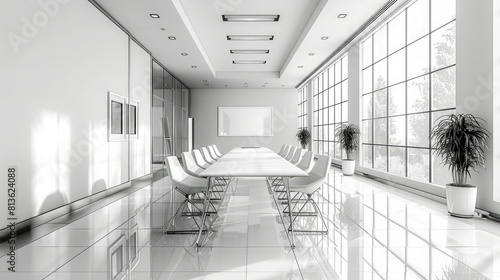 A modern and spacious office conference room with a large table and comfortable chairs