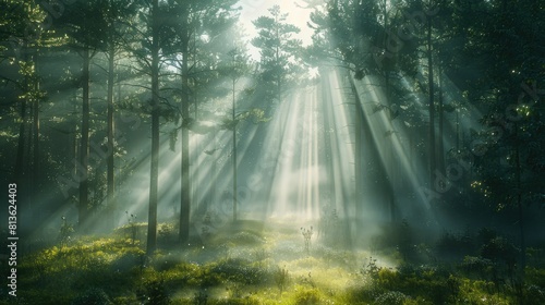 A beautiful forest with green trees and bright sunlight shining through the trees.