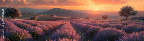 A beautiful landscape of a lavender field at sunset