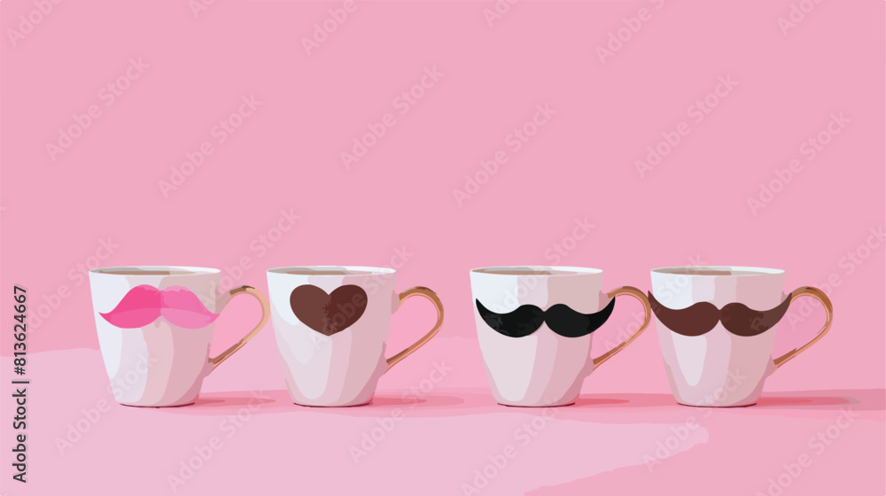 Cups of coffee with paper moustache and lips on pink