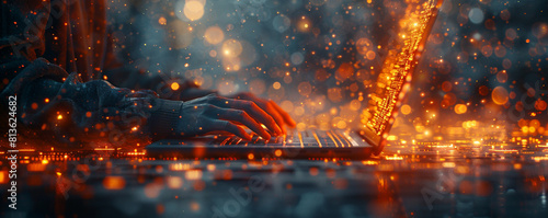 person using laptop that will be able to connect to smart devices in the style of abstracted cityscapes dark silver and light orange blurred forms mathematical structures