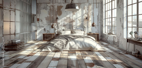 Scandinavian loft bedroom with vintage touches, featuring a distressed wood floor and antique light fixtures.