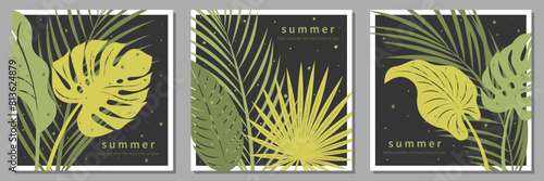 Summer bright cards set with tropical leaves. Design templates for banner, celebration, ads, branding, label, poster, sales. Vector illustrations 