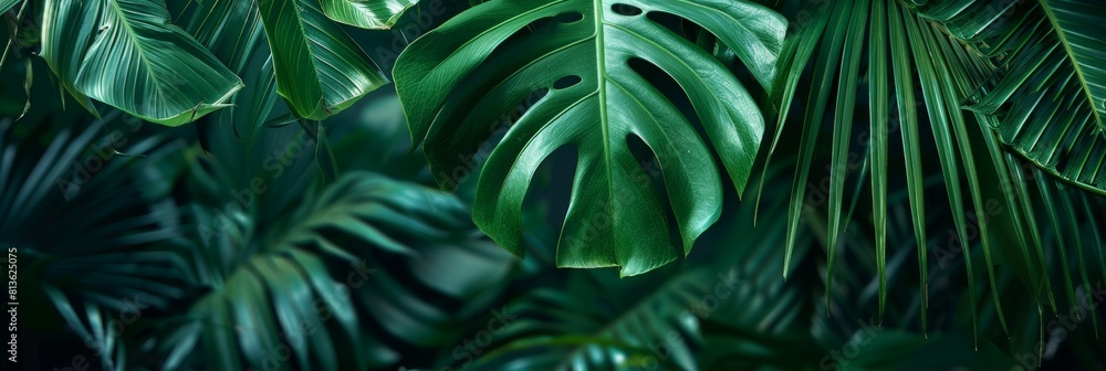 Fototapeta premium green tropical leaves in green color with background copy space