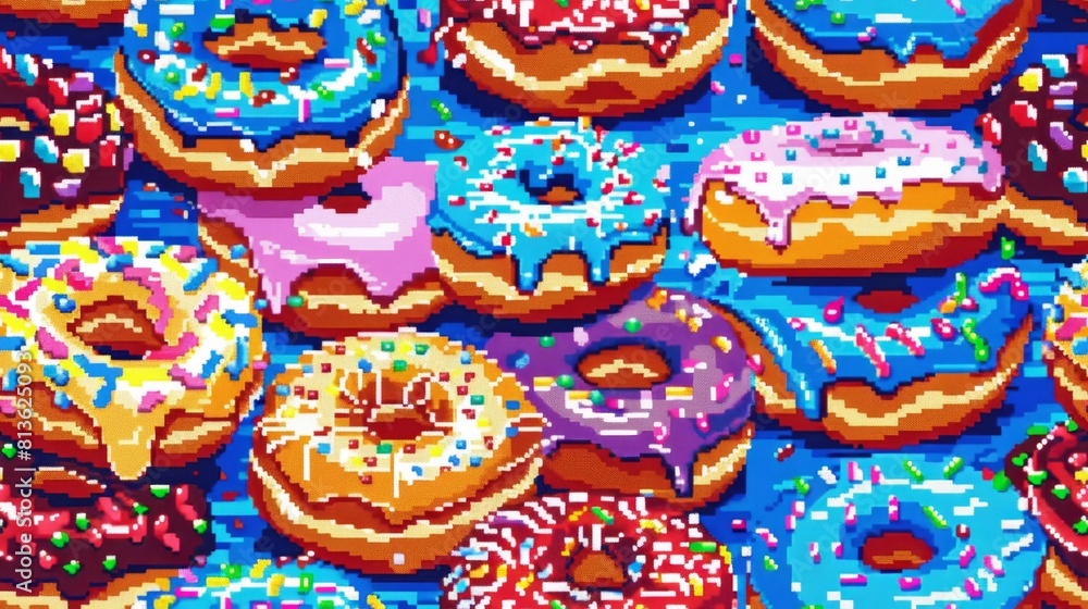 Pixel art seamless pattern of donuts, cakes, and cupcakes. Pixel art seamless pattern of donuts, cakes, and cupcakes.