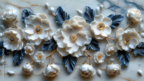 3d marble flowers are depicted in high quality on marble with light shades