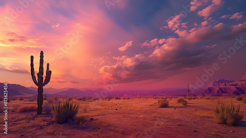 A beautiful sunset in the desert. A lone cactus stands in the foreground  while the sun sets behind the mountains in the distance.