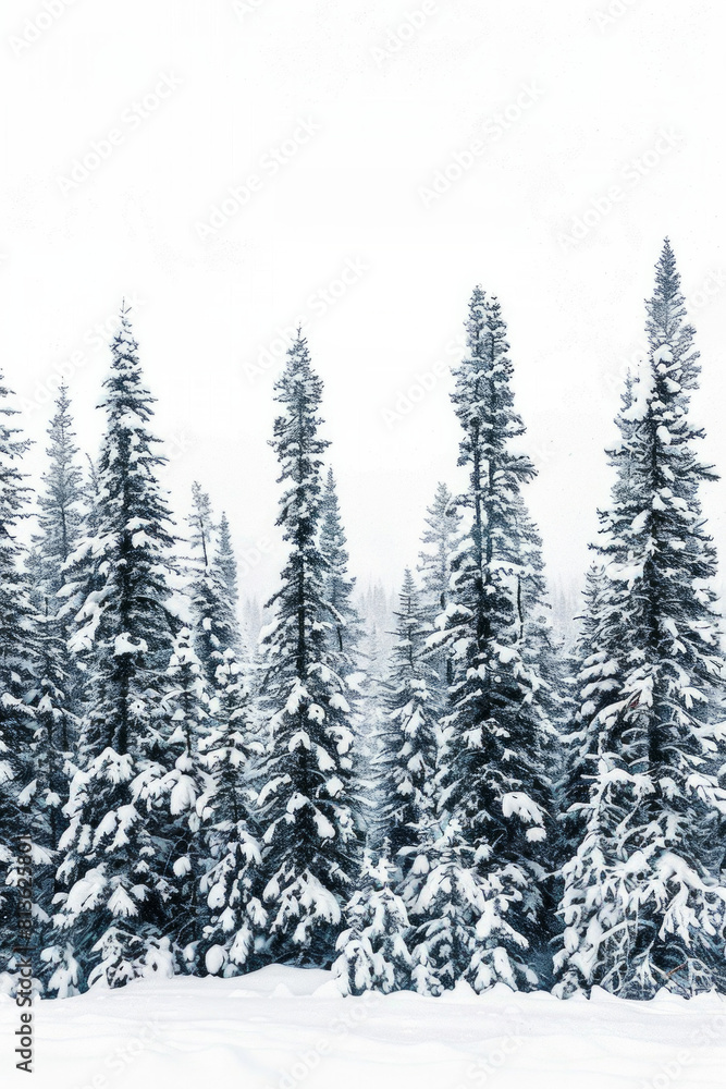 Obraz premium Capture the quiet beauty of a snow-covered evergreen forest, with tall trees standing tall against a backdrop of pristine white snow. The minimalist composition, with just the trees and snow.