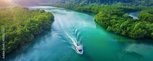 Aerial view of speed boat cruising along the river in Phang Nga Bay  Thailand.