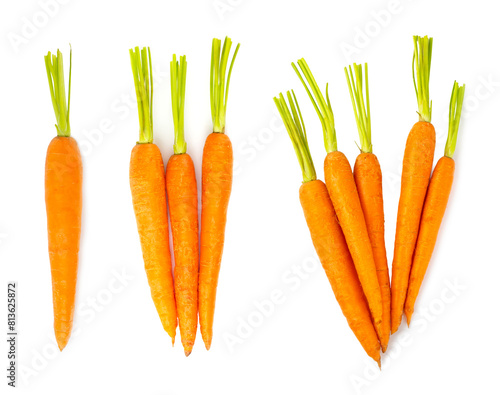Carrot isolated on white background. Fresh and sweet organic carrots on a white background. Carrot slices. Vegan.