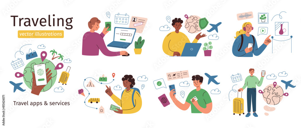 Traveling vector compositions, tourists planning trip, buying tickets, booking hotel, set of characters using travel apps, cartoon scenes with travelers, illustrations of vacation situations Traveling vector compositions, tourists planning trip, buying tickets, booking hotel, set of characters using travel apps, cartoon scenes with travelers, illustrations of vacation situations