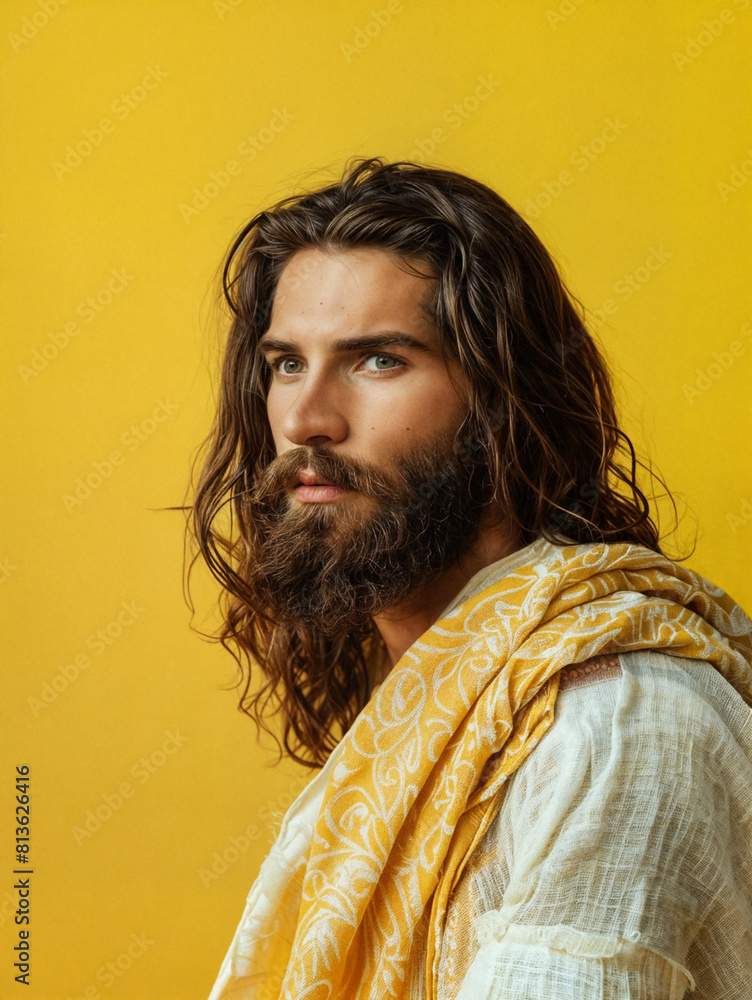 A man who looks like Jesus on a yellow background. Modern interpretation of the Christian religion. Faith in God A man who looks like Jesus on a yellow background. Modern interpretation of the Christian religion. Faith in God