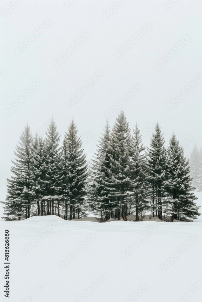 Capture the quiet beauty of a snow-covered evergreen forest, with tall trees standing tall against a backdrop of pristine white snow. The minimalist composition, with just the trees and snow. Capture the quiet beauty of a snow-covered evergreen forest, with tall trees standing tall against a backdrop of pristine white snow. The minimalist composition, with just the trees and snow.