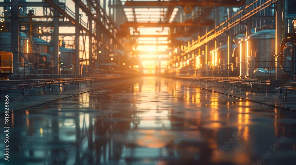 Sunrise over a clean, futuristic industrial environment, highlighting modern manufacturing processes Sunrise over a clean, futuristic industrial environment, highlighting modern manufacturing processes