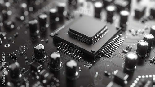 Monochromatic closeup of a semiconductor, illustrating the intricate details of silicon structures
