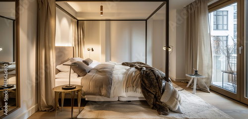 Scandinavian loft bedroom with a modern four-poster bed, soft lighting, and a calm, neutral color palette.