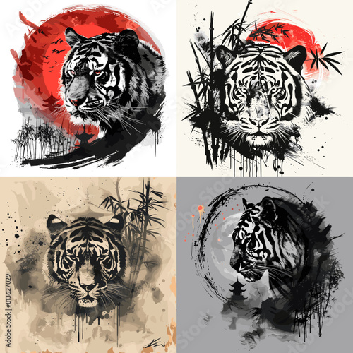 Ink-style tiger illustrations with Japanese brushwork, red sun, and bamboo elements. Perfect for Asian art, wildlife design, tattoo inspiration, and traditional sumi-e artwork.