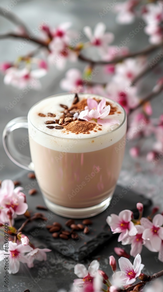 beautiful romance a cup of latte tea or chocolate serve with cherry blossom flower branch, spring season and national spring festival theme drink beautiful romance a cup of latte tea or chocolate serve with cherry blossom flower branch, spring season and national spring festival theme drink