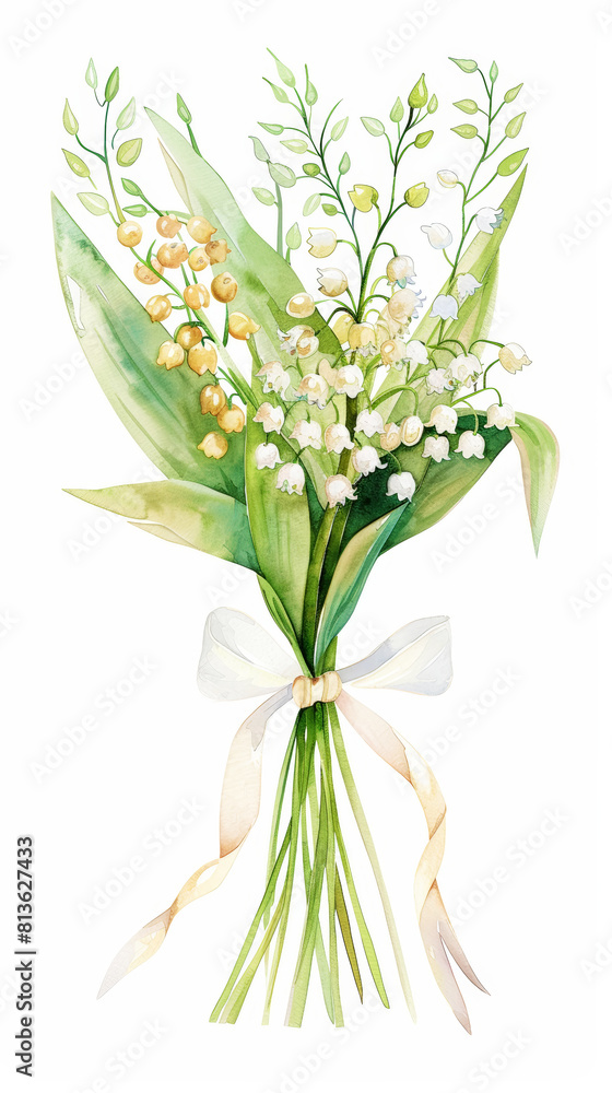 Fototapeta premium Aesthetic watercolor flowers lily of the valley bouquet tied with ribbon, wedding concept. Invitation. Generative AI