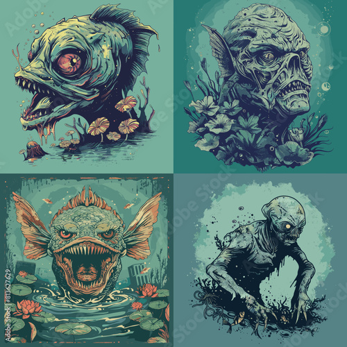 Terrifying aquatic monster illustrations featuring fish-human hybrids in swampy waters. Ideal for horror, fantasy, creature design, mythology, and dark-themed creative projects.