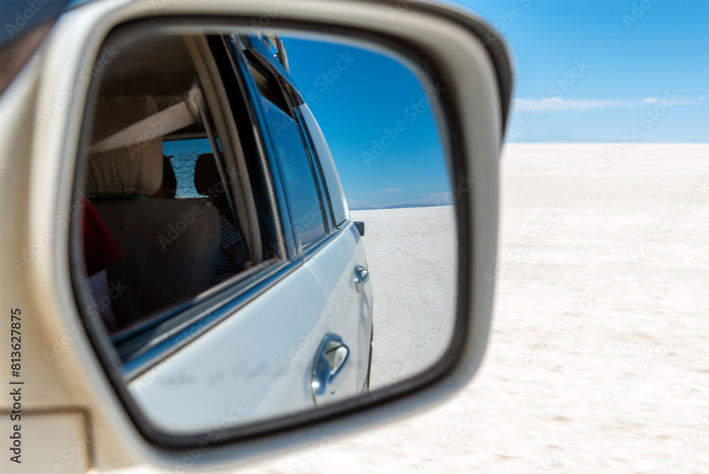 Rear view mirror landscape, Uyuni salt flat, Bolivia. Rear view mirror landscape, Uyuni salt flat, Bolivia.