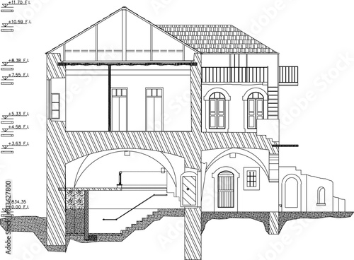 vector illustration sketch design architectural engineering drawing section classic desert house with stone finishing