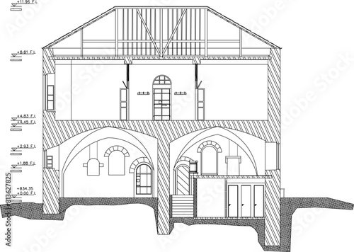 vector illustration sketch design architectural engineering drawing section classic desert house with stone finishing