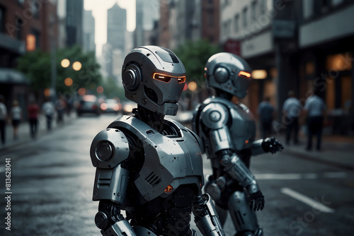 Futuristic robot police patrol the safety of urban areas