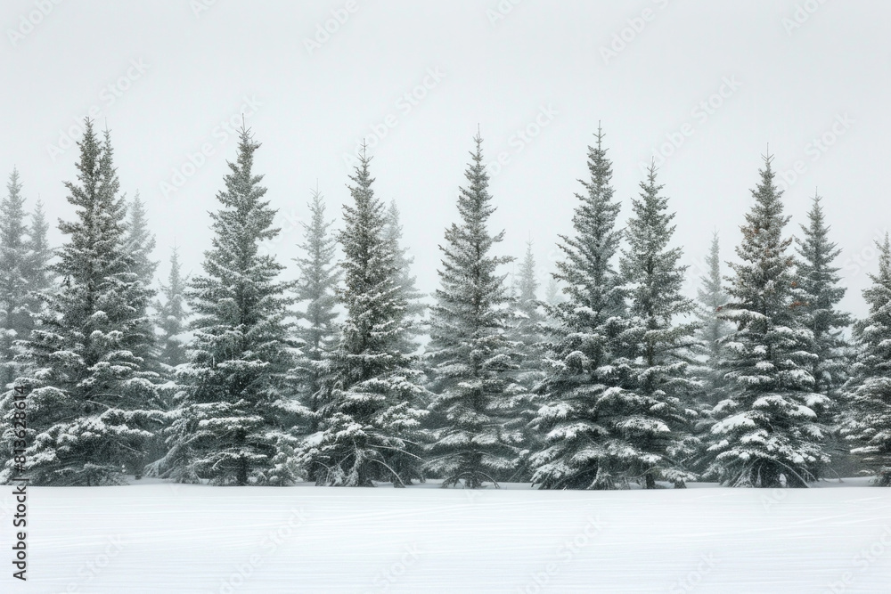 Capture the quiet beauty of a snow-covered evergreen forest, with tall trees standing tall against a backdrop of pristine white snow. The minimalist composition, with just the trees and snow. Capture the quiet beauty of a snow-covered evergreen forest, with tall trees standing tall against a backdrop of pristine white snow. The minimalist composition, with just the trees and snow.
