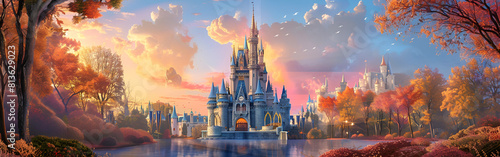 Panoramic view of Cinderella's castle at sunset