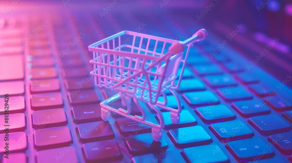 Online shopping concept, small shopping cart stands on keyboard on trendy neon background. E-commerce. Generative AI