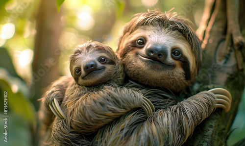 Sloth Pair Embracing in the Forest, Generate AI
