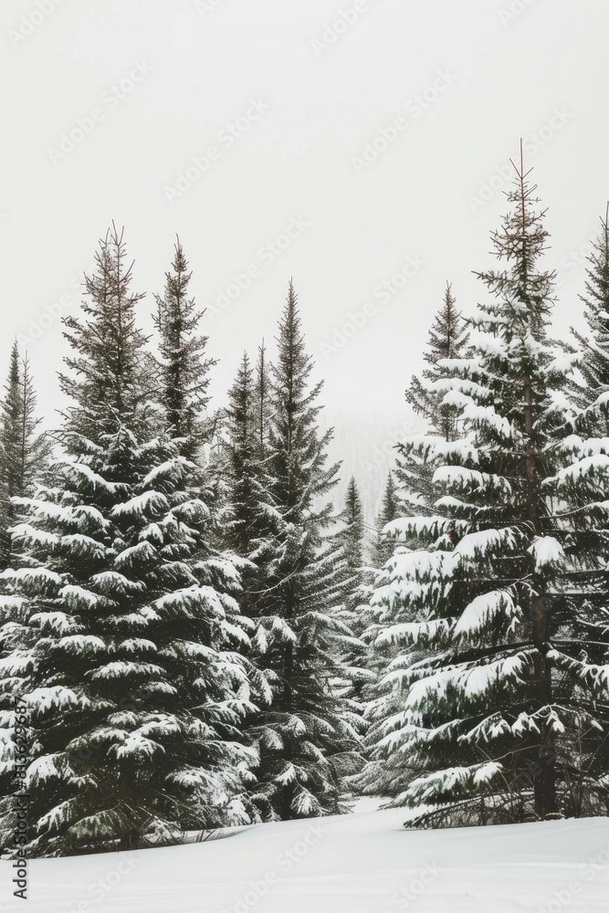 Capture the quiet beauty of a snow-covered evergreen forest, with tall trees standing tall against a backdrop of pristine white snow. The minimalist composition, with just the trees and snow. Capture the quiet beauty of a snow-covered evergreen forest, with tall trees standing tall against a backdrop of pristine white snow. The minimalist composition, with just the trees and snow.