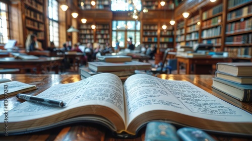 Vintage Library Atmosphere with Open Books and Bustling Background photo