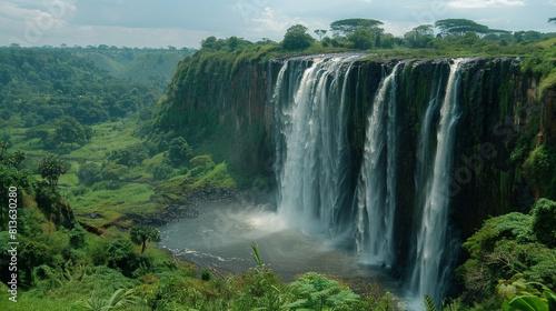 Majestic Waterfall in Lush Green African Landscape: Scenic View with Cascading Waters