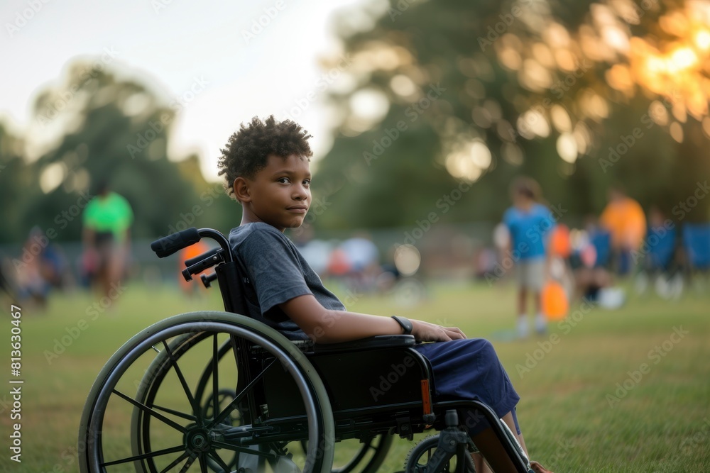 Fototapeta premium child in a wheelchair at summer camp. generative ai