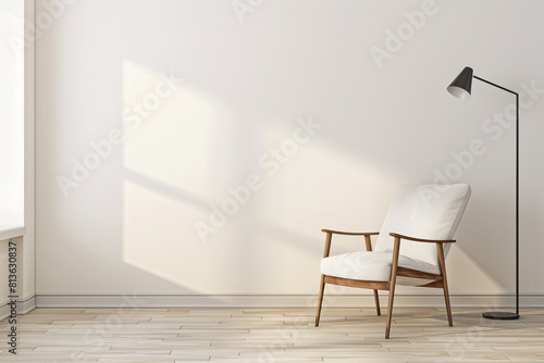 Simple and elegant minimalist living room with a single mid-century modern chair and a floor lamp.