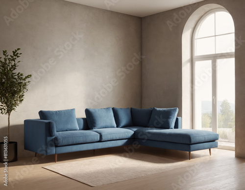 Modern Blue Sofa in Architectural Living Room with Arched Windows