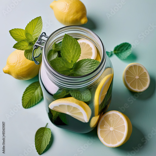  jar glasses of lemonade with mint.