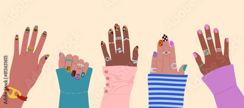 nail, manicure, hand, fingernails, woman, illustration, care, vector, design, isolated, fashion, spa, cartoon, beauty, creative, cosmetics, colorful, jewelry, young, polish, finger, beauty salon, nail