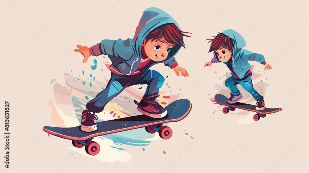 Cute little boy with skateboard on color backgroundd Vector