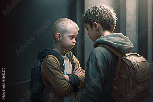 School bullying. Two boys confrontation. Child conflict. photo