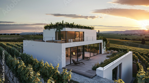 Simplistic yet elegant cubic house with a rooftop terrace and panoramic views of a sprawling vineyard.