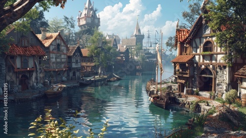A fantasy illustration of a haven near the shipyard and lake in medieval town  3D Illustration