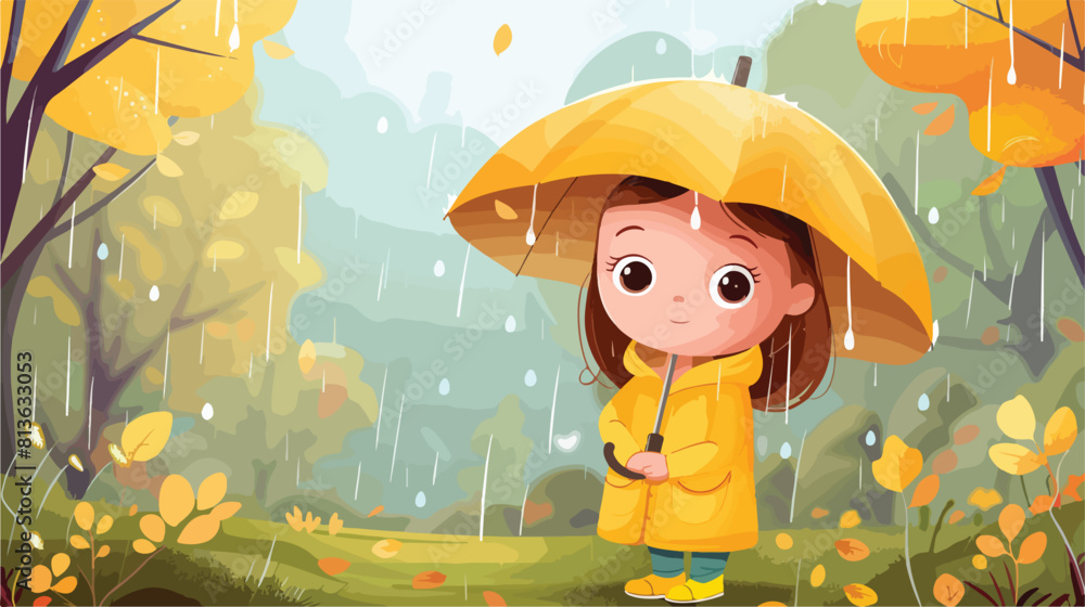 Cute little girl with umbrella wearing raincoat 